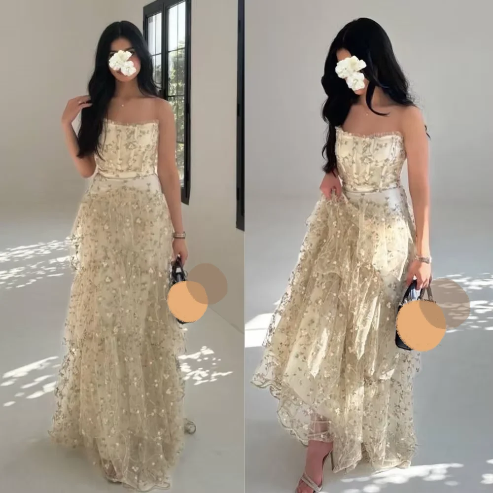 Personalizado tule applique em camadas drapeado formal noite a linha sem alças sob medida vestido de ocasião vestidos midi