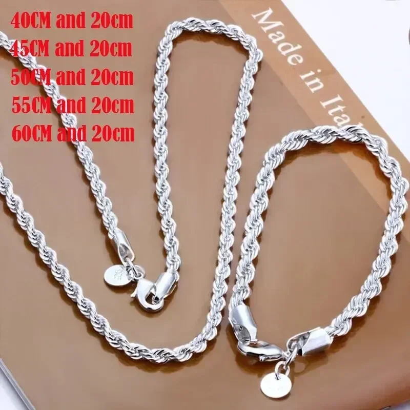실버 색상 남성 트위스트 로프 목걸이 팔찌, 패션 남성 실버 하이 퀄리티 쥬얼리 세트, 4mm 체인