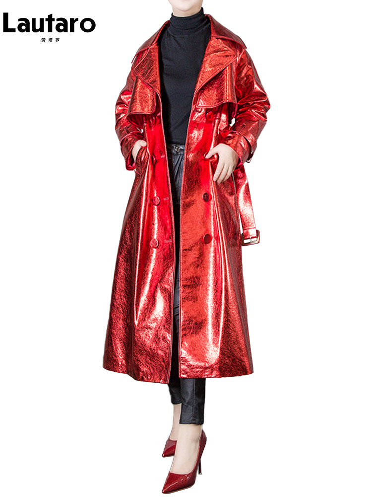 Lautaro-光沢のある反射パテントレザー,女性用トレンチコート,ベルト,ダブルブレスト,ヨーロッパのファッション,春秋
