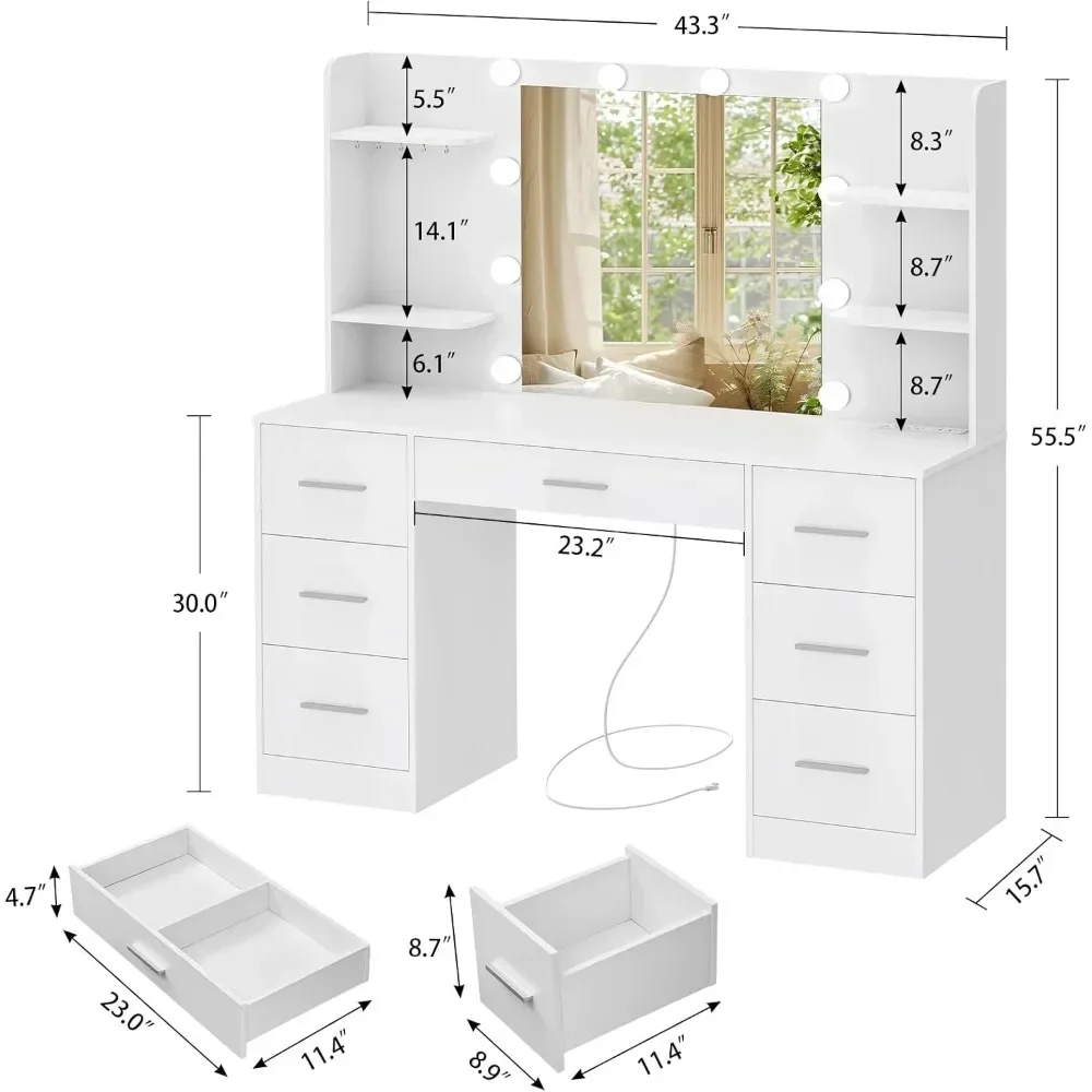 Large Vanity Desk with LED Lighted Mirror & Power Outlet,Makeup Vanity Table with 7 Drawers,4 Shelves and 5 Hooks,dressing table
