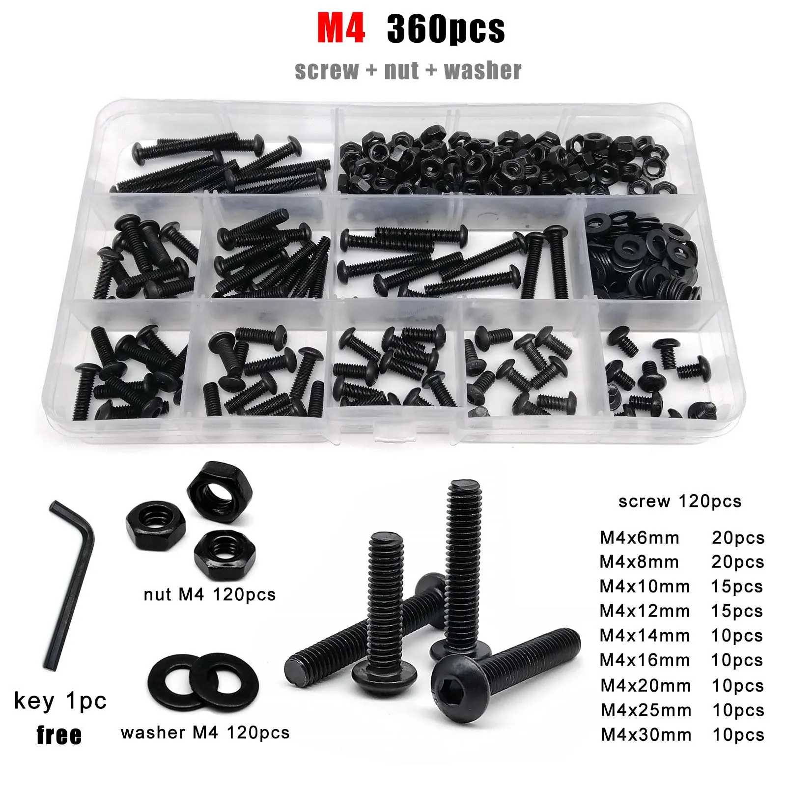 M1.6 M2 M2.5 M3 M4 M5 M6 M8 Black Grade 10.9 Steel Hex Hexagon Socket Allen Button Round Head Screw Bolt Nut Assortment Kit Box