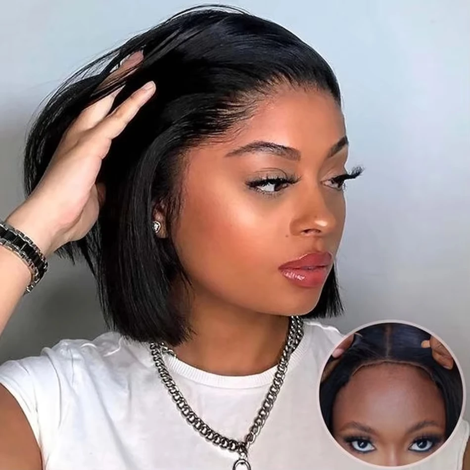 Peruca Curta Reta Bob, Perucas Glueless, Cabelo Humano Pré-arrancado, Fechamento de Renda, Pronto para Vestir, Perucas Frontais 13x4, 100% Cabelo Humano, 7x5