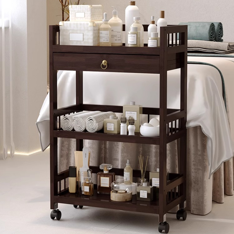 Bamboo Beauty Salon Rolling Cart Mobile Nail Hair Styling Tool Organizer for Spa Barber Shop Storage Trolley Home Storage Rack