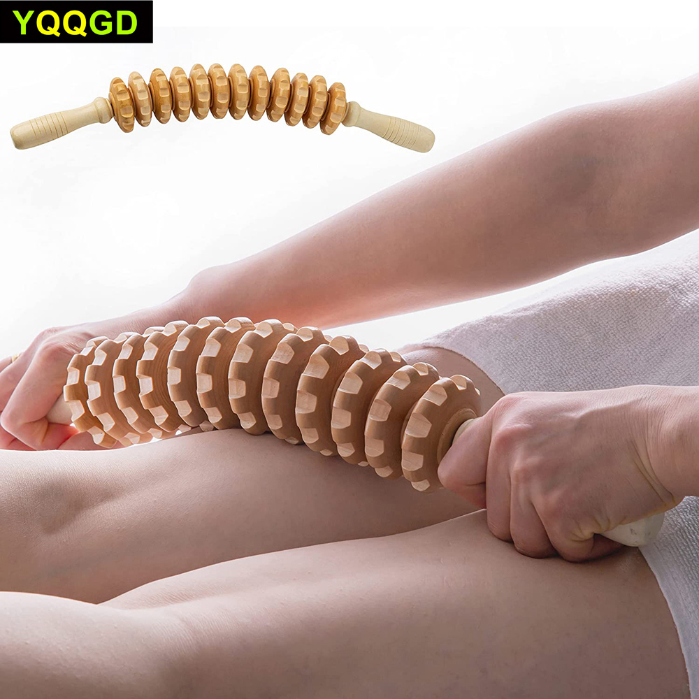 Ferramenta de massagem de rolo de terapia de madeira de 12 rodas, massageador curvo projetado maderoterapia colombiana, drenagem linfática