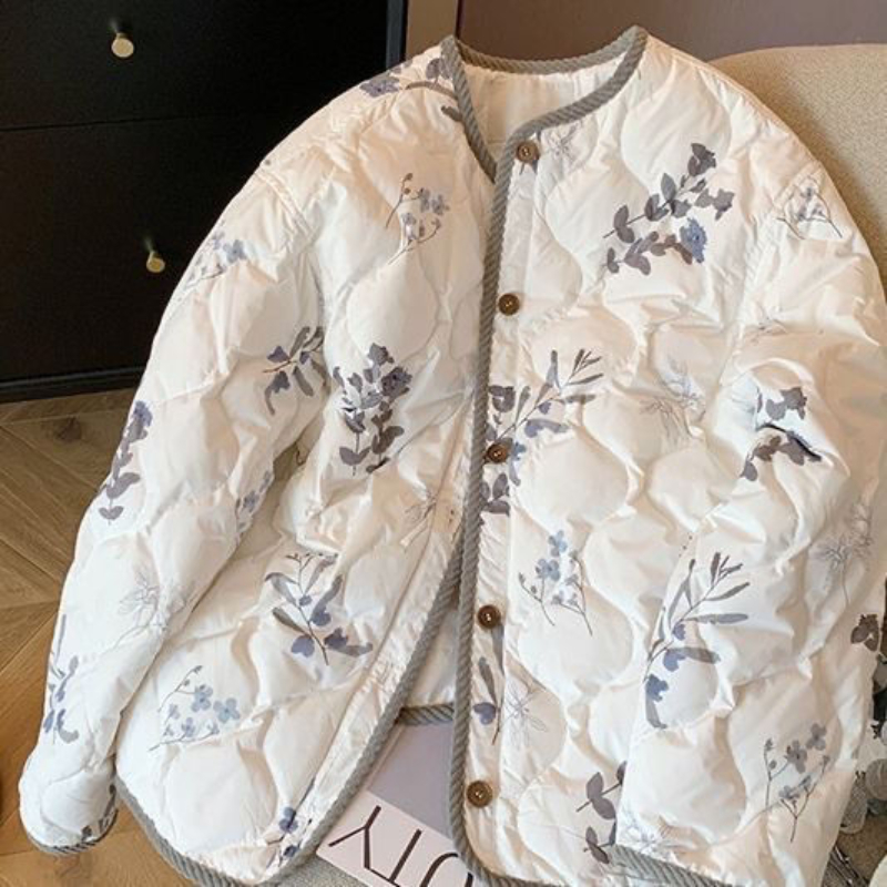 Manteau d'Hiver en Coton Rembourré avec Bordure en Velours Côtelé pour Femme, Esthétique Y2K, Imprimé Floral, Élégant, Bomber, Mode Coréenne, Streetwear