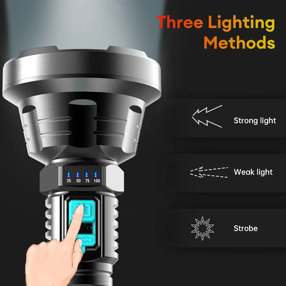 Lange ABS-Taschenlampen, wiederaufladbar, helle LED-Taschenlampe mit USB-Kabel, 3 Modi, wasserdicht, für Camping, Wandern, Angeln