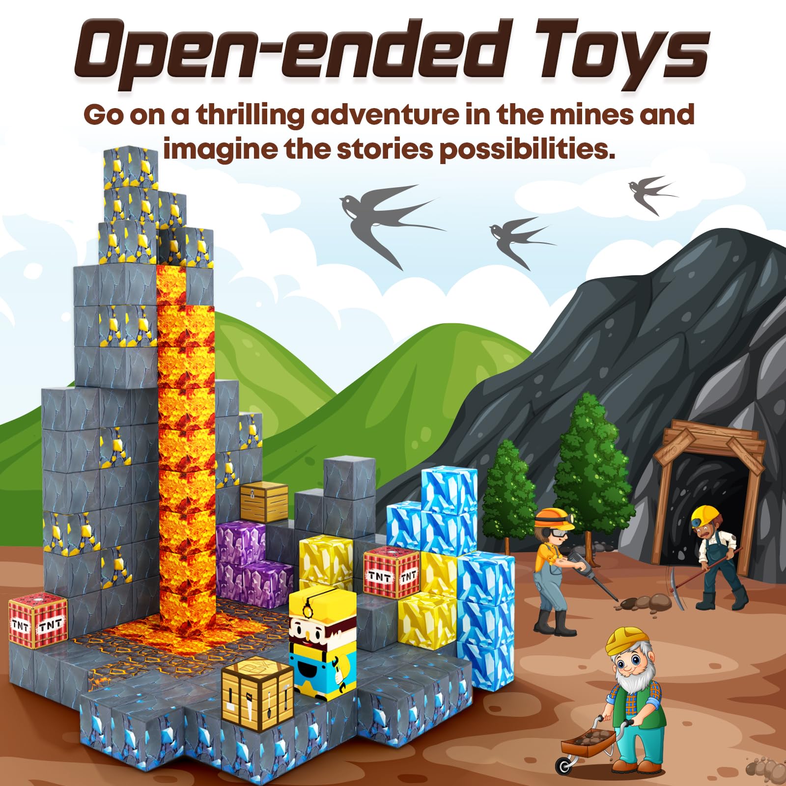 72個の磁気ブロック - ビルドマインマグネットワールドエディションソードケイブマグネット幼児用おもちゃ 対象年齢3歳以上、モンテッソーリ子供用おもちゃ