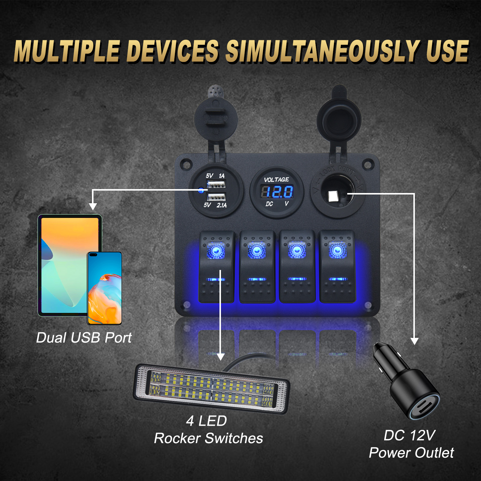 4 ボタンロッカースイッチパネル電圧計 USB 充電器 3.0 ライトトグル 12V 24V アクセサリーボートマリンカー RV キャンピングカーキャラバン用