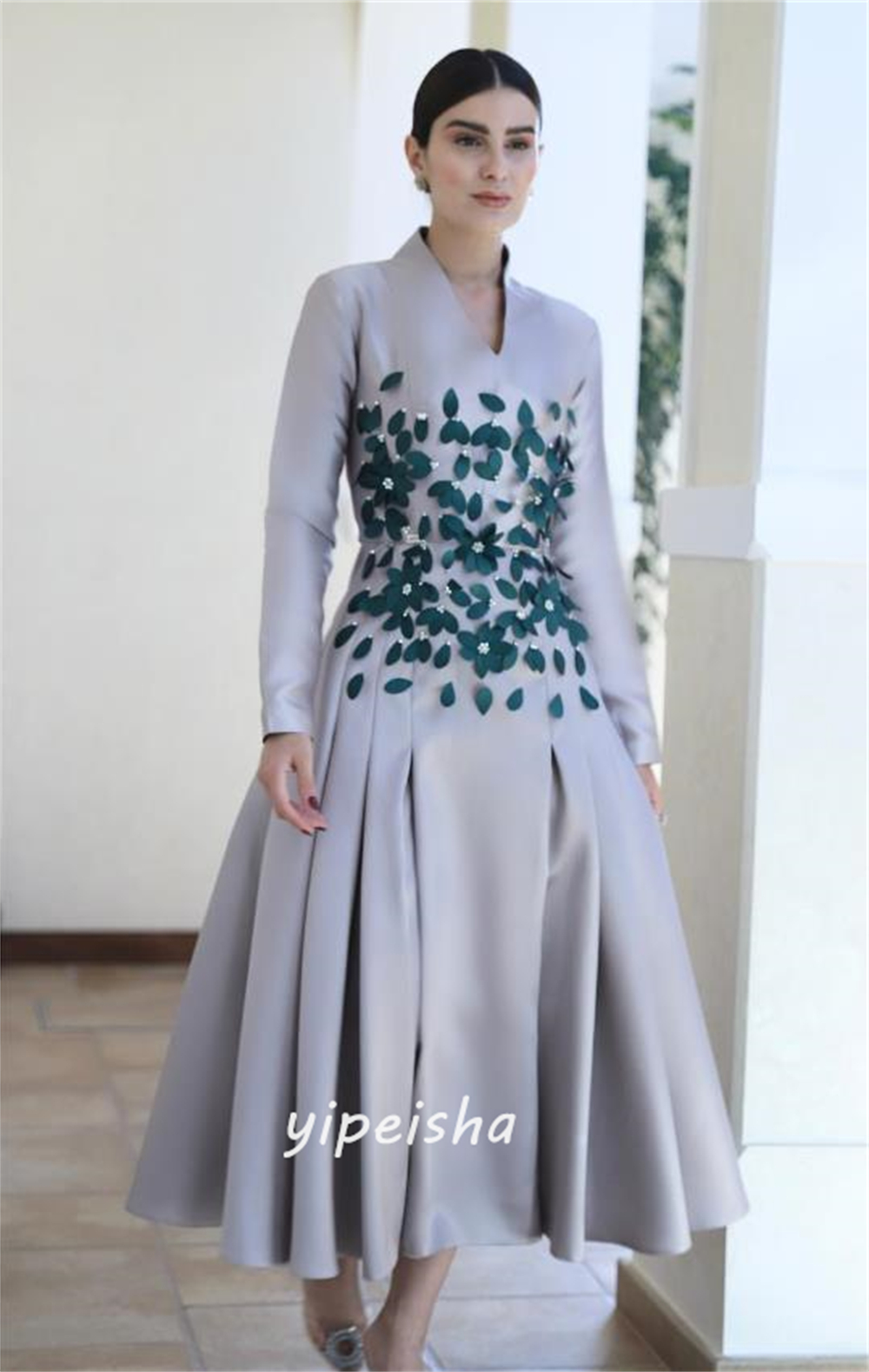 Personalizado jiayigong simples estilo moderno formal noite com decote em v a linha beading flores vestidos de ocasião sob medida