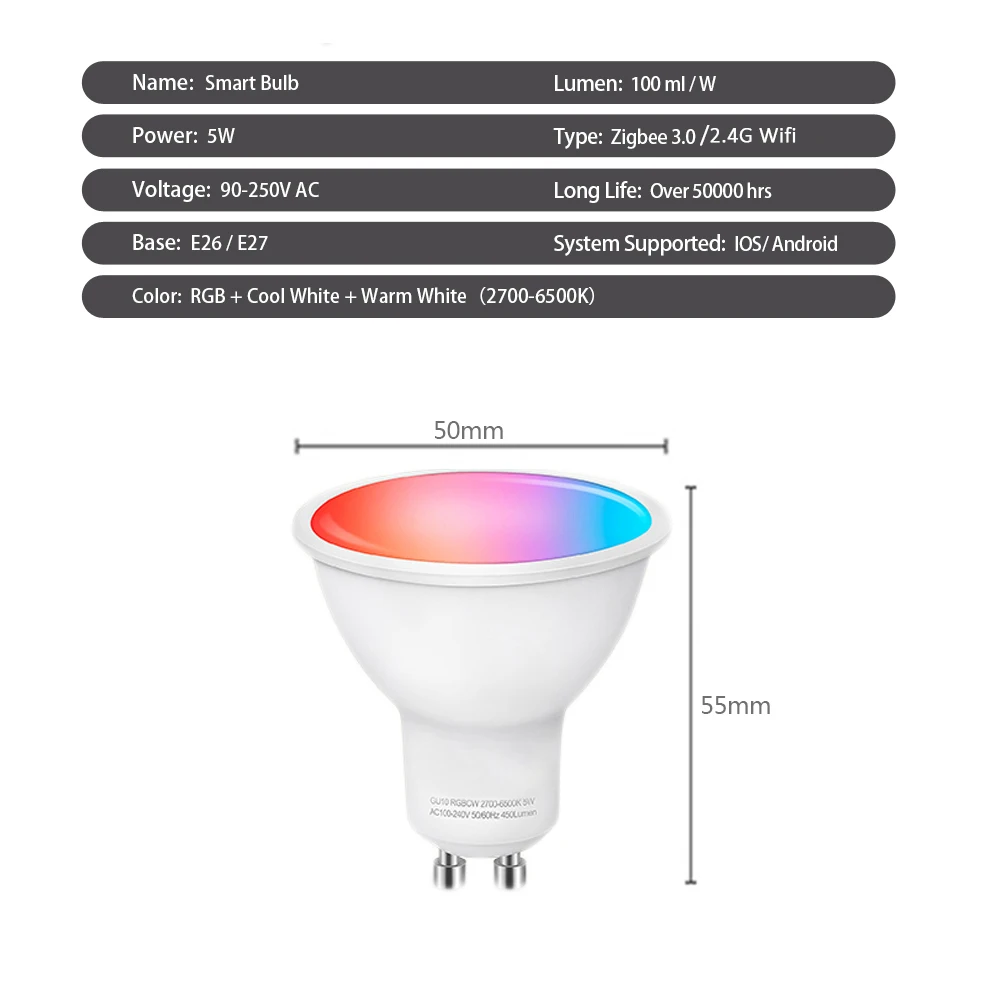 Lampadine LED GU10 Zigbee Lampada LED intelligente Wifi RGB CW WW Lampadina LED Funziona con Alexa Google Yandex Smartthings