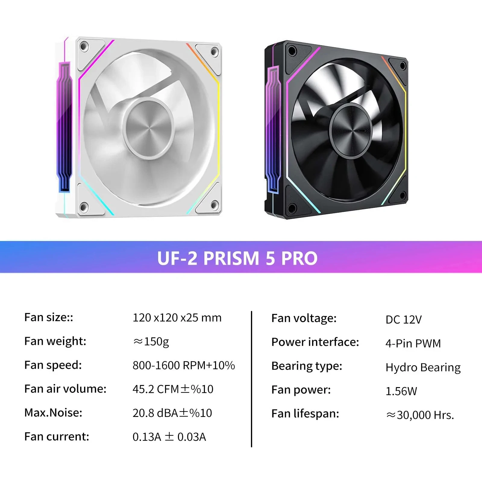 UPSIREN UF-2 PRISM 5 PRO Computergehäuselüfter 12 cm ARGB 4-poliger PWM-Leiser Lüfter 12 V großes Luftvolumen 45,2 CFM/800–1600 U/min