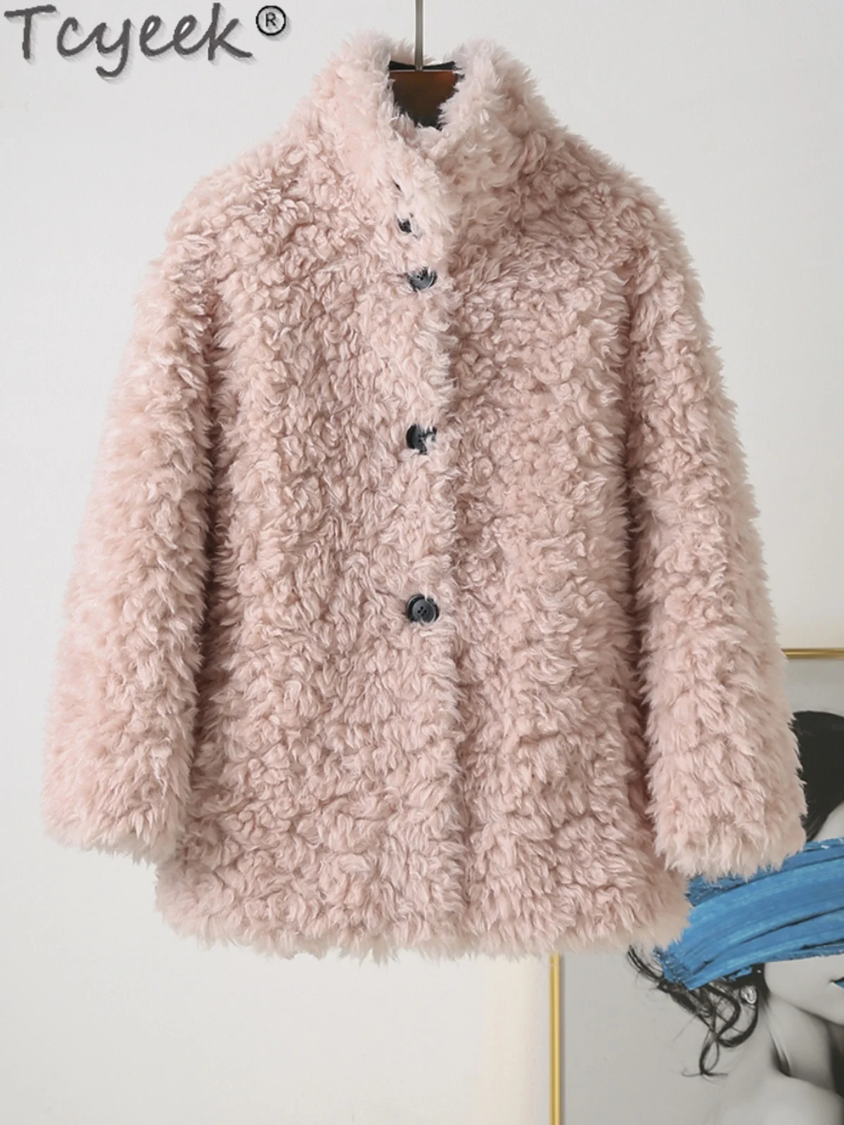 Tcyeek 100% jaqueta de lã quente casaco de shearling de ovelha jaquetas de inverno para mulheres casaco de pele feminino de comprimento médio 2024