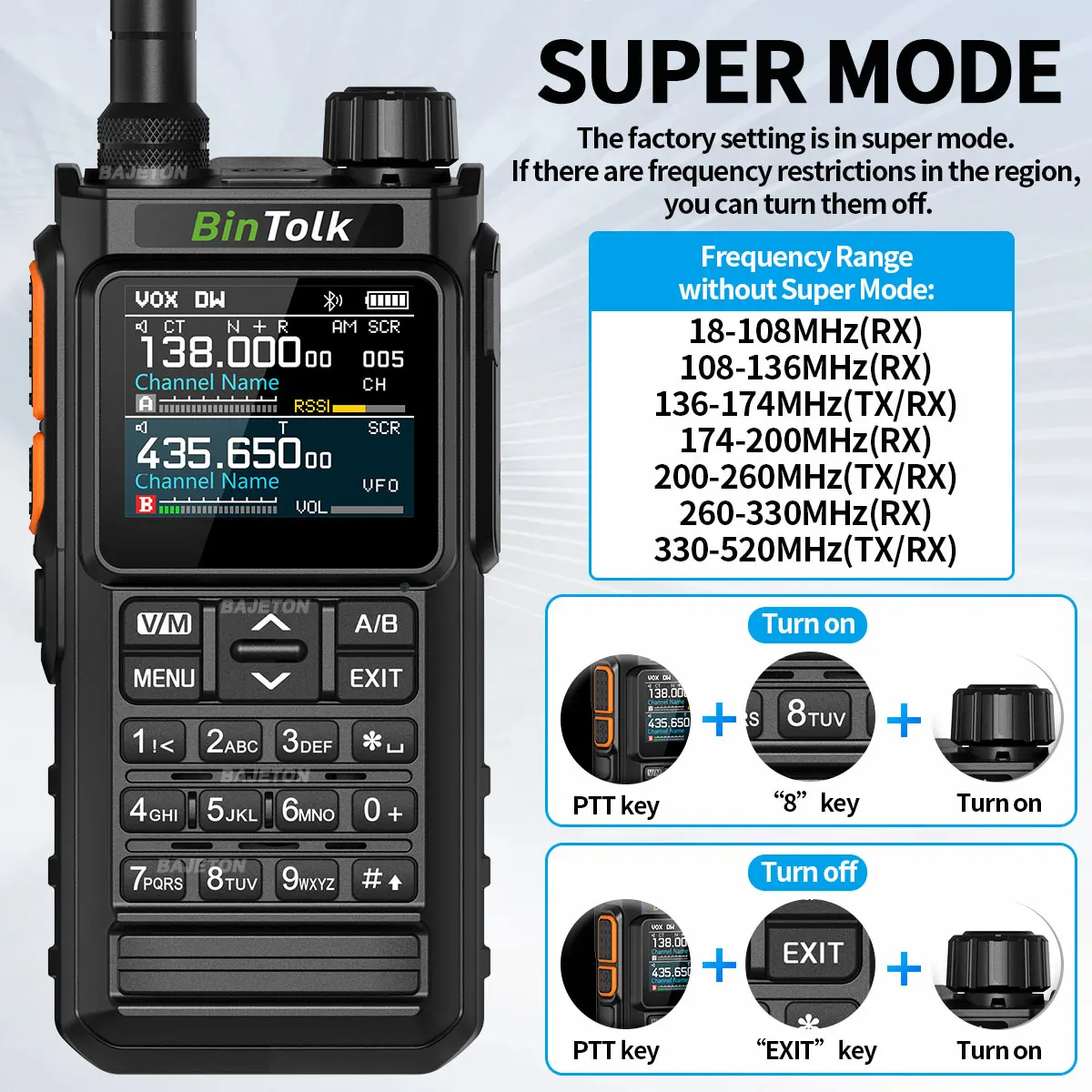 BinTolk BT7700 Walkie Talkie  Portable  Full Band Bluetooth Programmer Noise Reduction Spectrum Analyzer AM Two Way Radio BT8000