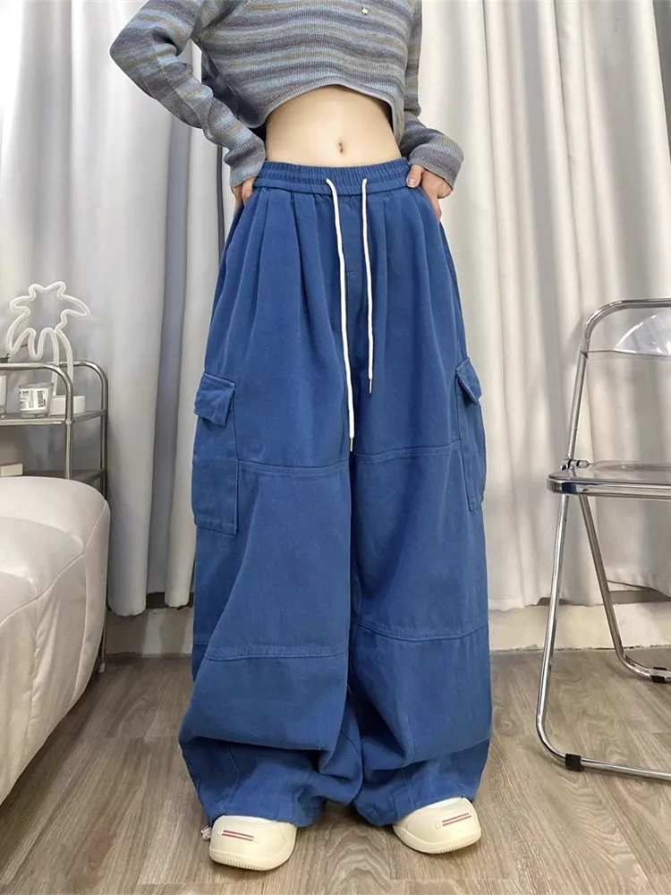 ドローストリング付きレディースバギーカーゴジーンズ、ストレートパンツ、ワイドレッグスウェットパンツ、レディースパンツ、カジュアルウェア、韓国ファッション、y2k,2024