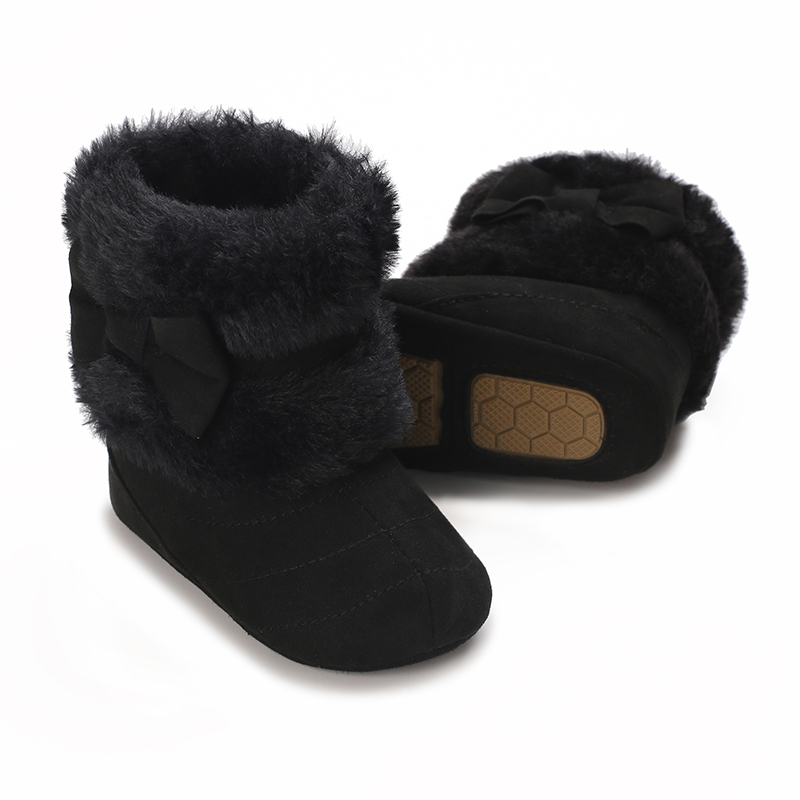Zapatos de bebé de 0 a 18M, botas de nieve cómodas de felpa para invierno, bonitos zapatos de algodón con lazo, zapatos antideslizantes de suela blanda para bebé