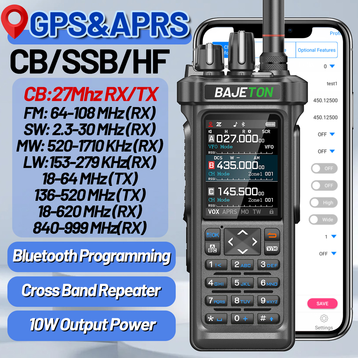 BAJETON BJ-9000 GPS APRS Walkie Talkies 10W CB 27Mhz recibir programación Bluetooth NOAA VOX RT-950 RT-950PRO Radioaficionado