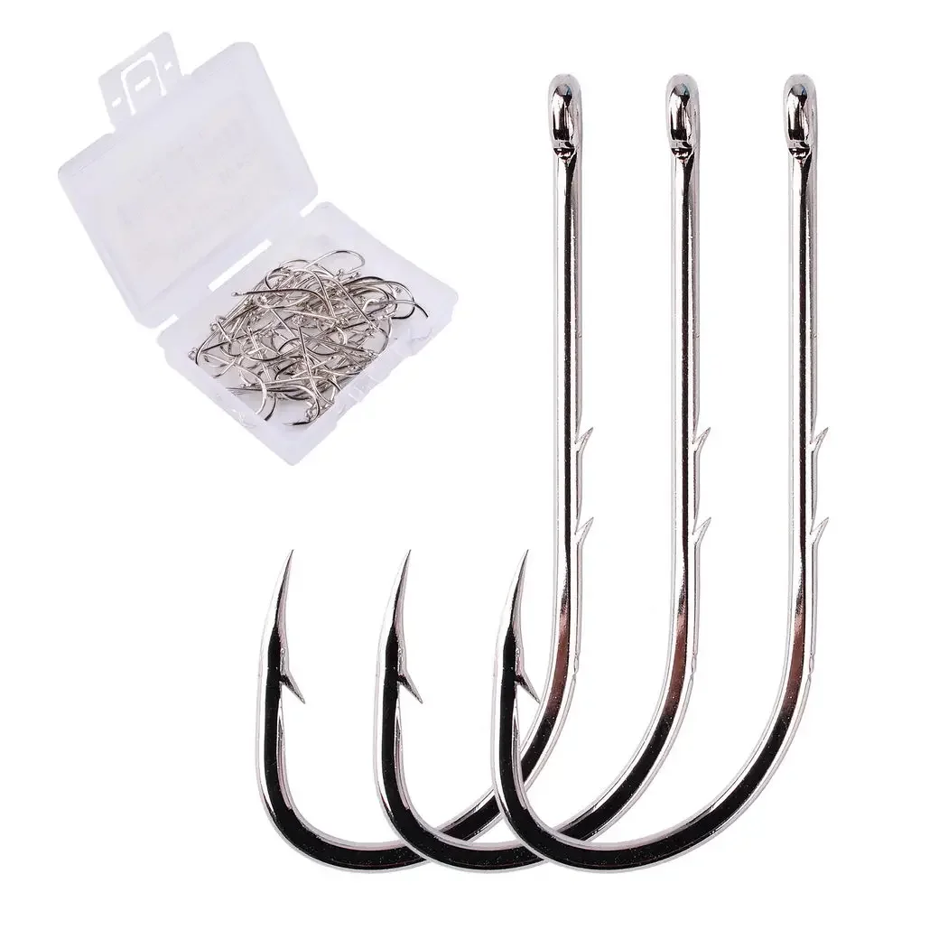 50 unids/caja anzuelo de pesca de caña larga 1 # -12 #   Anzuelos de pescado de acero rico en carbono, anzuelo de cebo estrecho compensado con púas afiladas, anzuelo de carpa