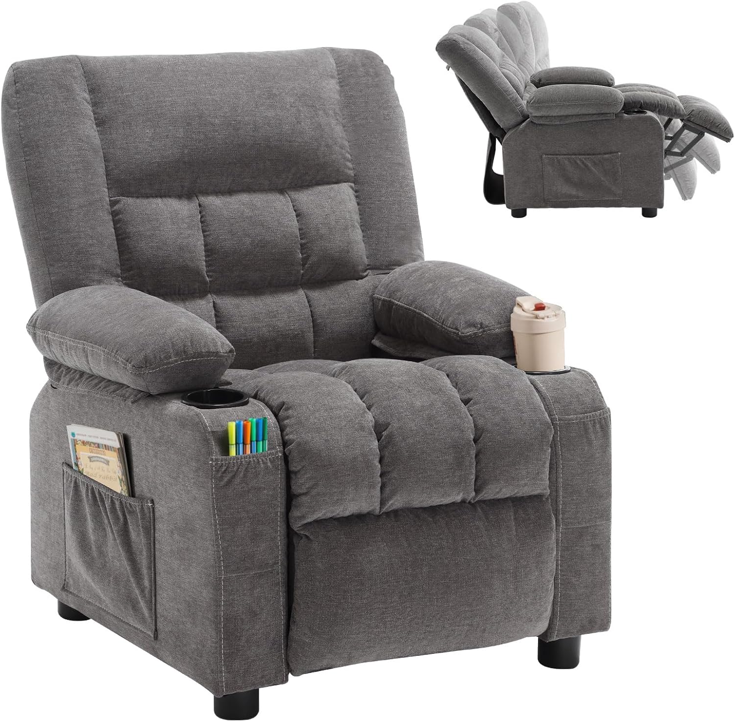 Kids Recliner Chair with Cup Holders, Adjustable Footrest & Headrest, Deep Grey