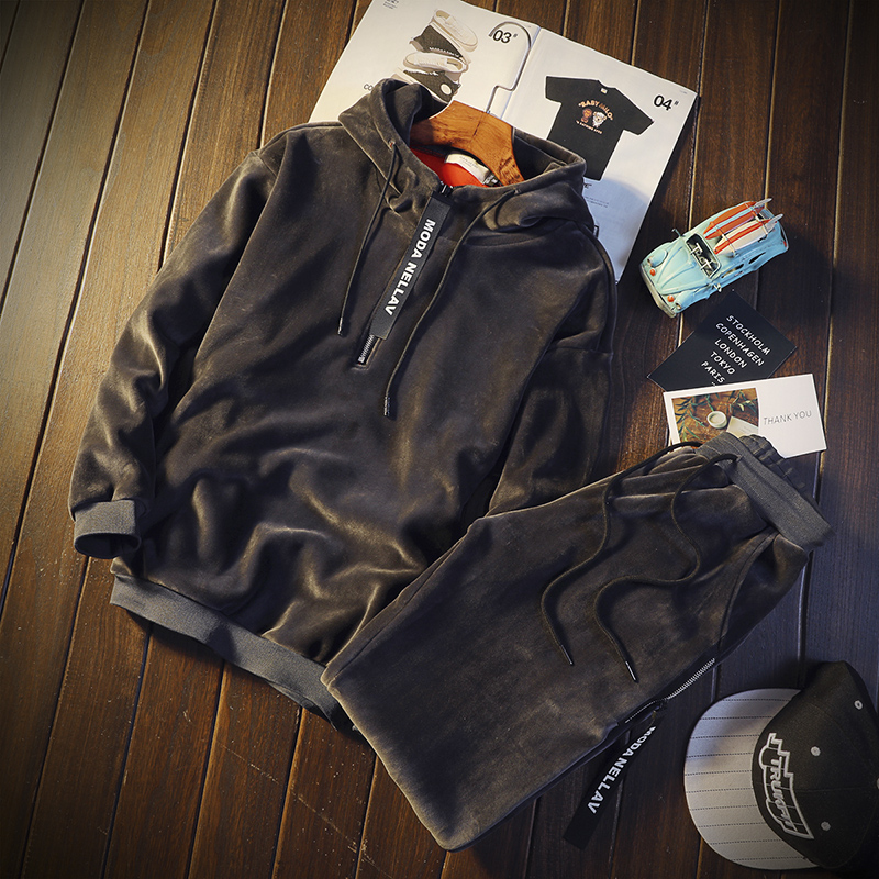 Sweat à capuche Double face avec pantalon pour homme, costume d'hiver en velours, ensemble deux pièces en velours doré pour loisirs, nouvelle collection automne