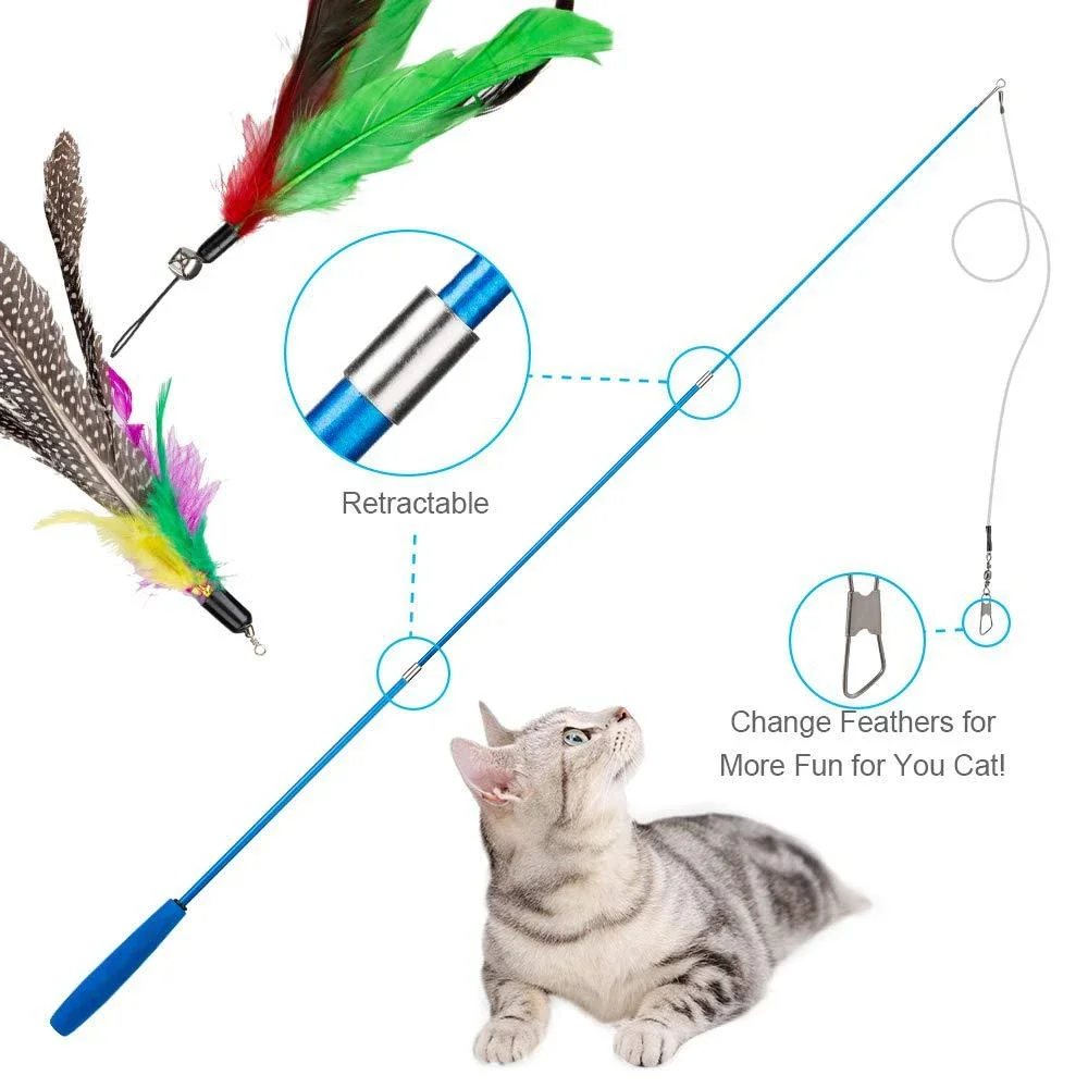 Juego de juguetes de plumas para gatos de repuesto, cabezal de repuesto de plumas, palo retráctil para gatos, productos para gatos, 11 Uds.