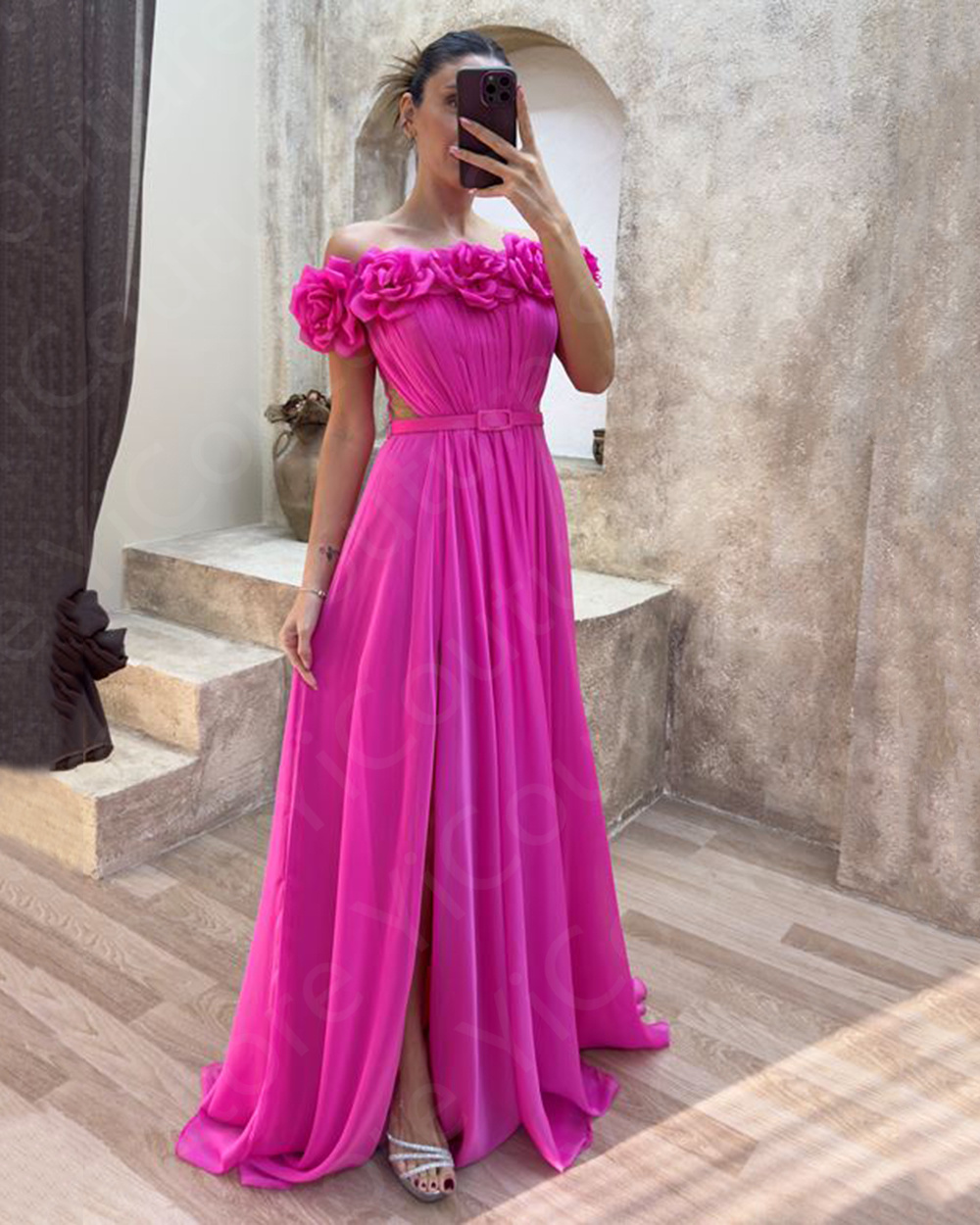 Customized Pink Evening Dresses Side Slit Prom Gowns Off Shoulder Strapless Flowers Wedding Party Dresses with Belt Sweep Train