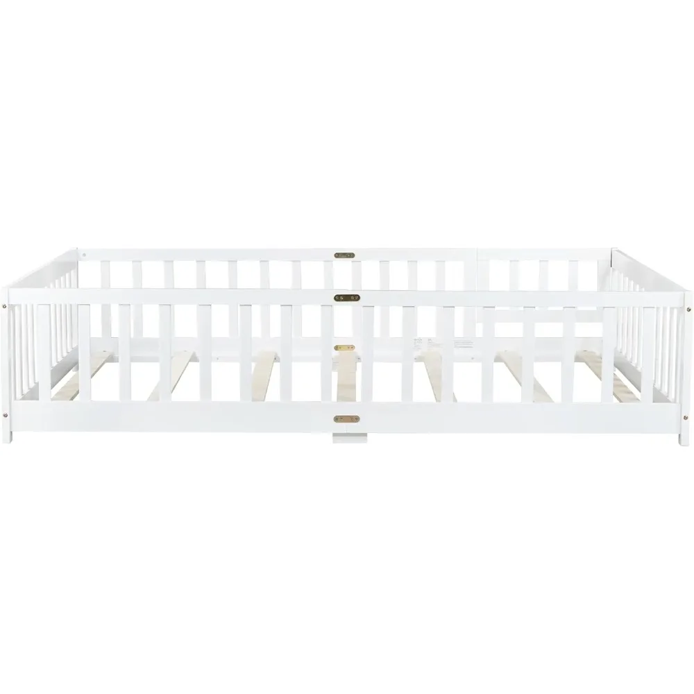 Full Size Floor Bed with Fence and Door, Rubber Wood Floor Bed w/Safety Guardrails/Near The Ground, Easy to Assemble & No Box Sp