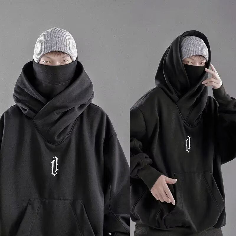 남성용 자수 터틀넥 스웨터 일본 닌자 후드 가을 힙합 양털 포켓 streetwear Oversize Y2K Hoody