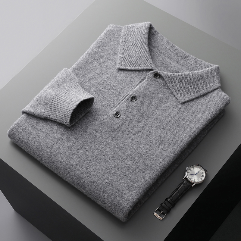 Pulôver de manga comprida com gola polo masculino 100% lã merino, suéter de lapela, blusa solta, roupa de malha, camisa plus size