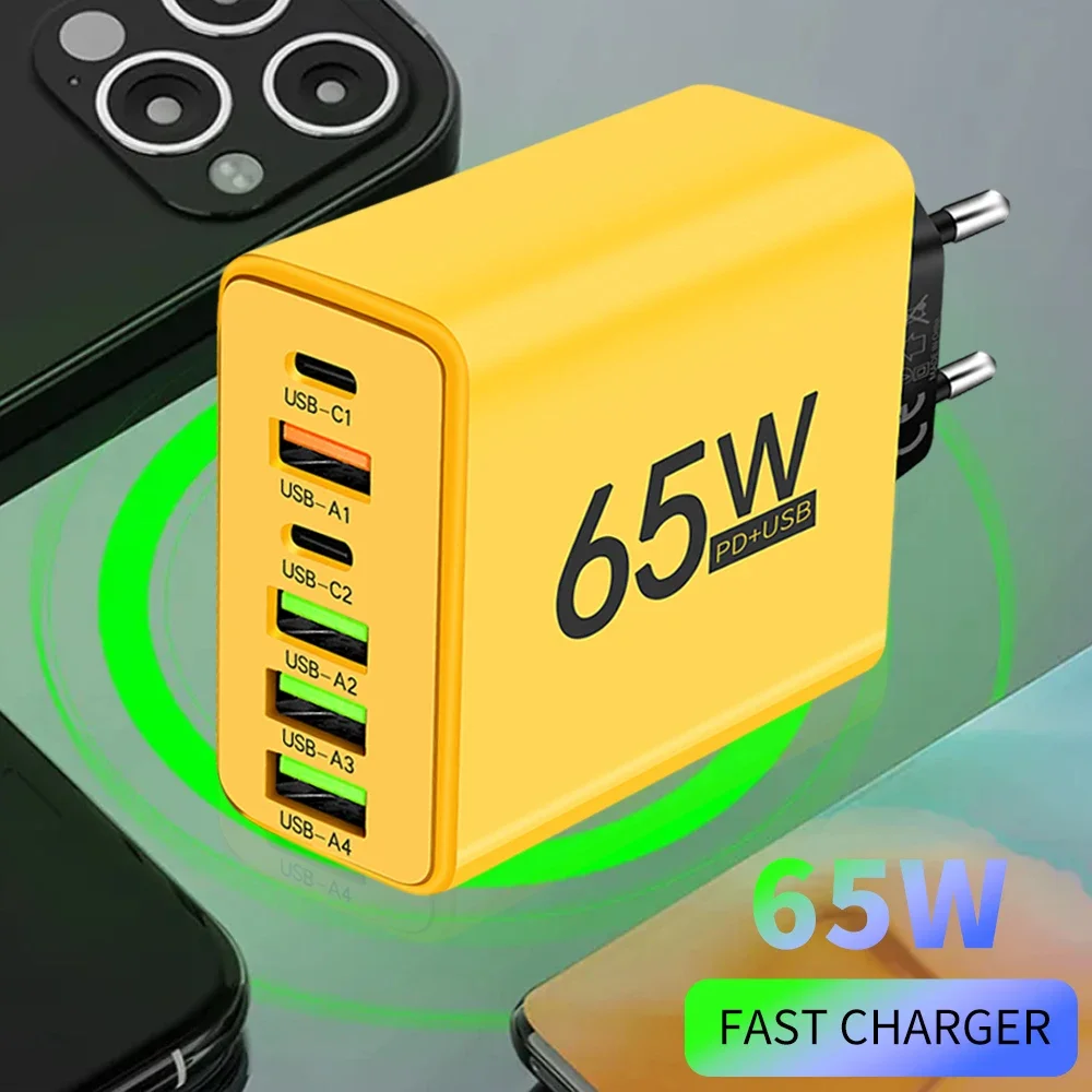 Caricatore del telefono USB 6 porte totale 65W Tipo C Ricarica rapida QC3.0 per iPhone Samsung Xiaomi Spina UE/USA Adattatore da parete a ricarica rapida