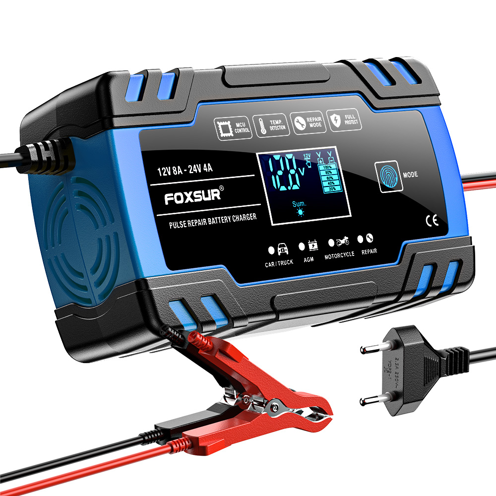 Foxsur carregador de bateria de carro 12v 8a 24v 4a tela sensível ao toque reparação de pulso lcd carregamento de energia rápida molhado seco chumbo ácido display lcd digital