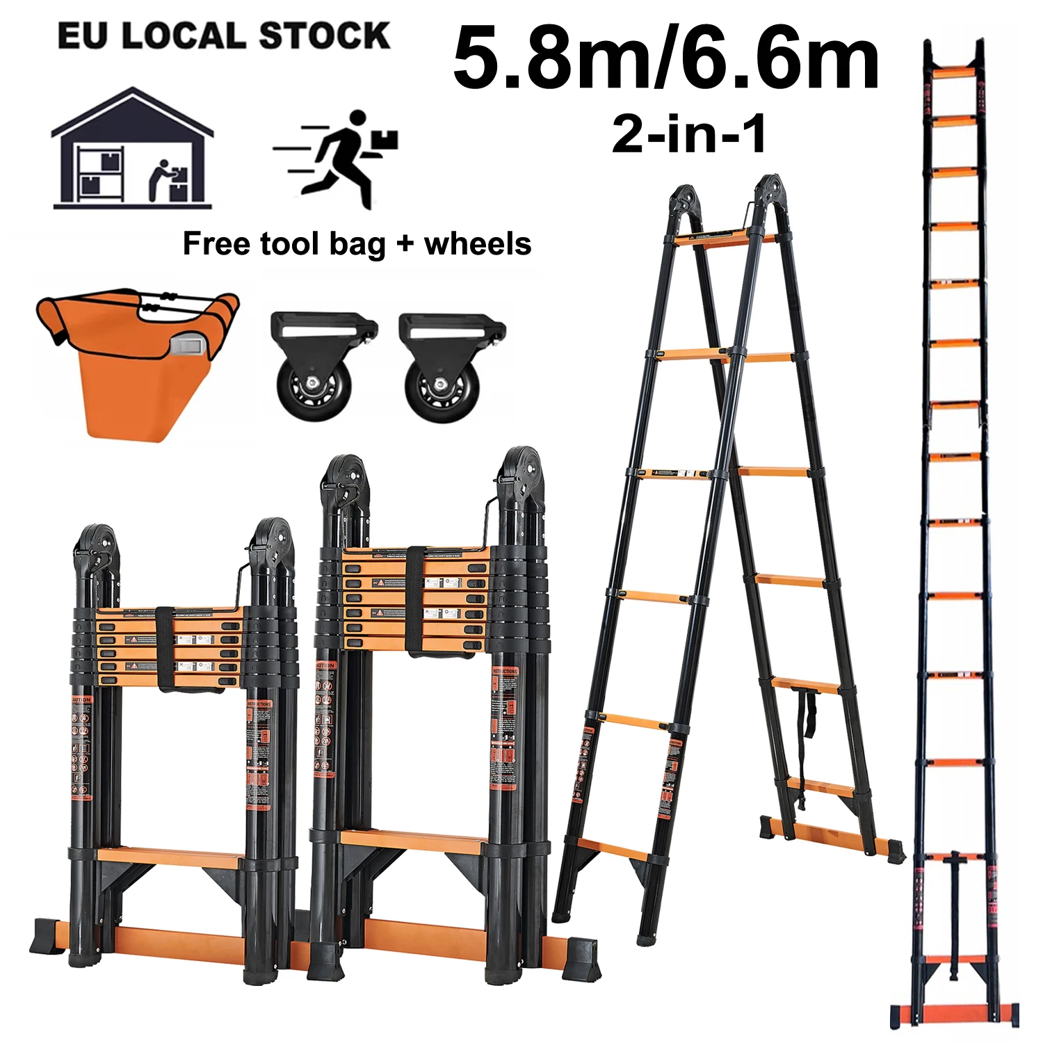 Escalera telescópica 5,8 m/6,6 m Acero al carbono 19/22 pies Escalera multiusos portátil plegable con marco en A con carga certificada EN131 150 kg