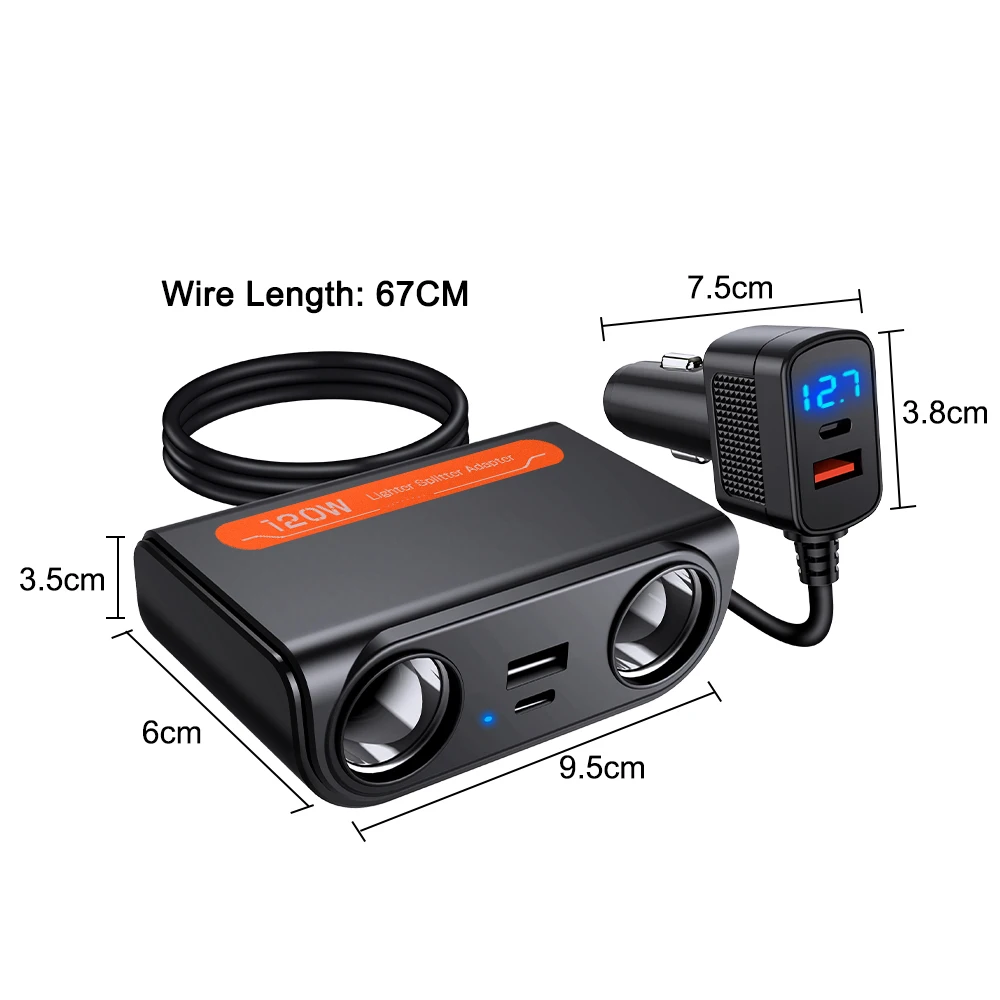 7-in-1-Autoladegerät-Adapter PD USB-Buchse Zigarettenanzünder Splitter Schnellladung mit LED-Voltmeter DC-Steckdose Autozubehör