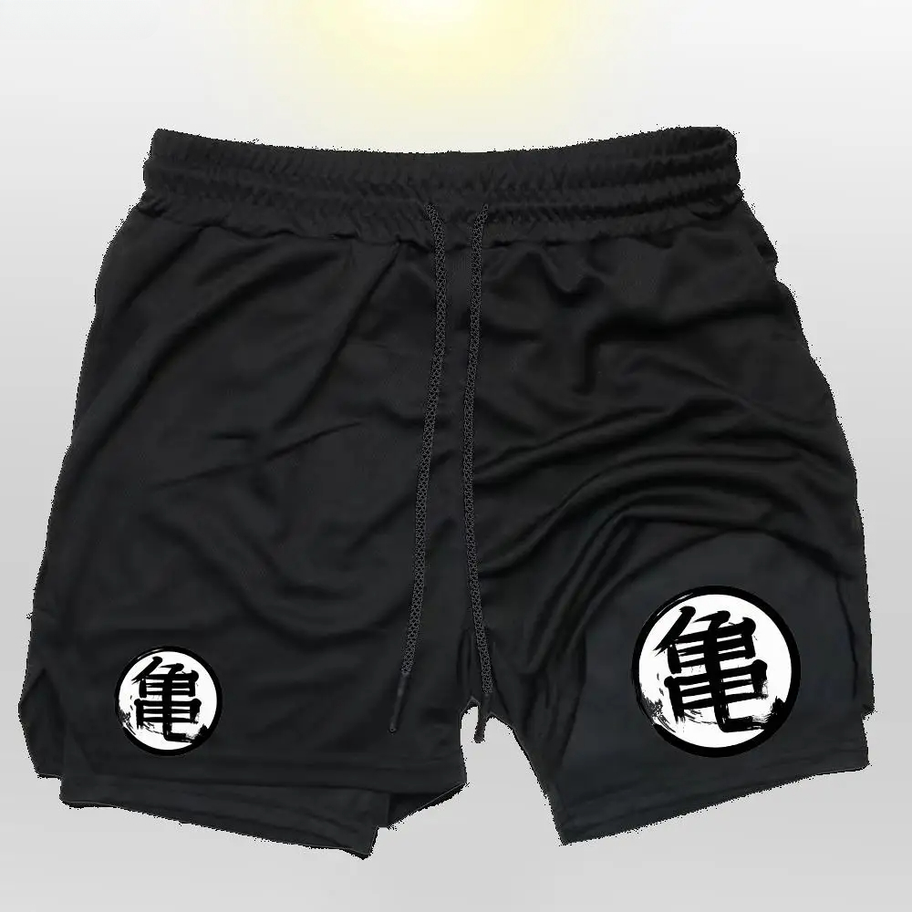 Goku anime correndo shorts dos homens de fitness ginásio treinamento 2 em 1 calções esportivos secagem rápida treino jogging duplo deck shorts