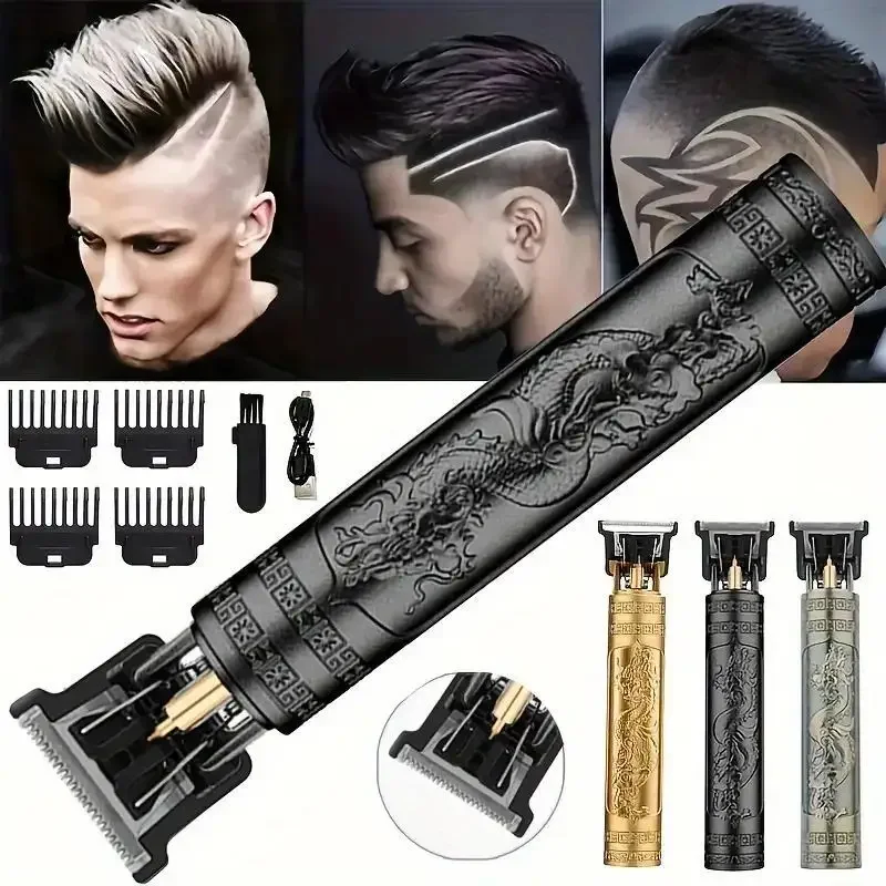 เครื่องโกนหนวดไฟฟ้าแบบชาร์จไฟได้สำหรับผู้ชายเครื่องโกนหนวดไฟฟ้าแบบวินเทจสำหรับผู้ใหญ่ที่ใช้ในบ้านที่ชาร์จ USB ร้านตัดผมร้านขายมังกรสีดำ