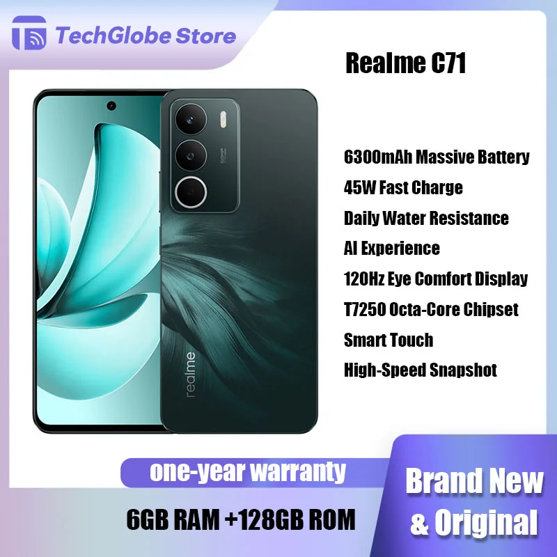 [월드 프리미어] realme C71 스마트폰 6300mAh 배터리 45W 충전 6.67인치 120Hz 디스플레이 50MP 카메라 UNISOC T7250 칩셋 NFC IP64