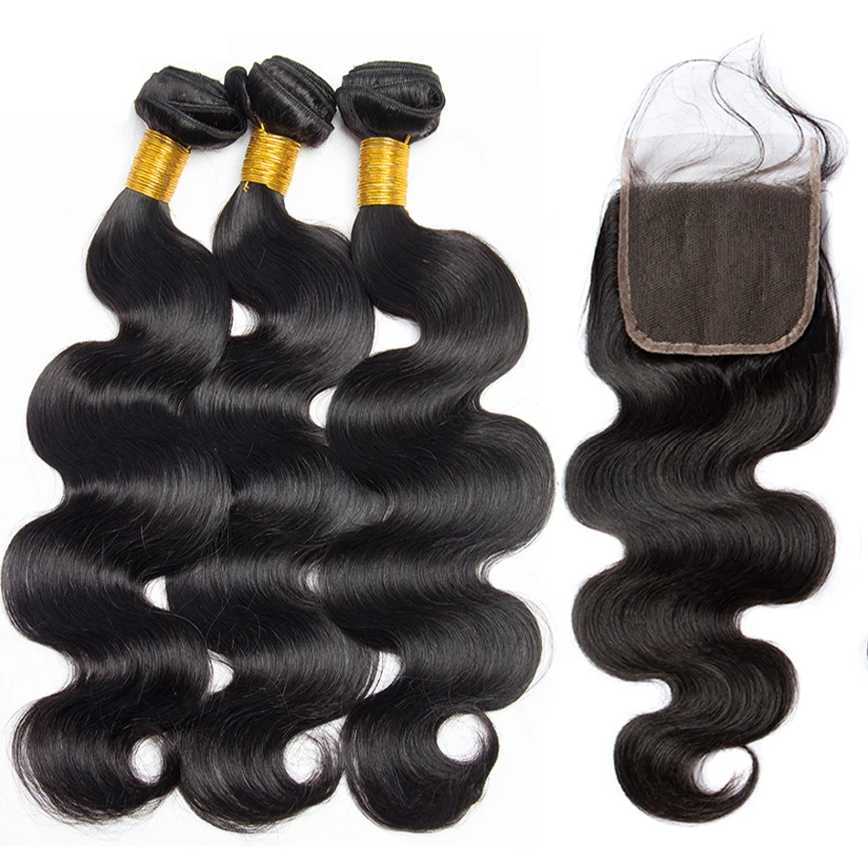 Onda do corpo peruano pacotes com fechamento frontal 4x4 transparente natural virgem extensões de cabelo humano atacado pacotes tecer