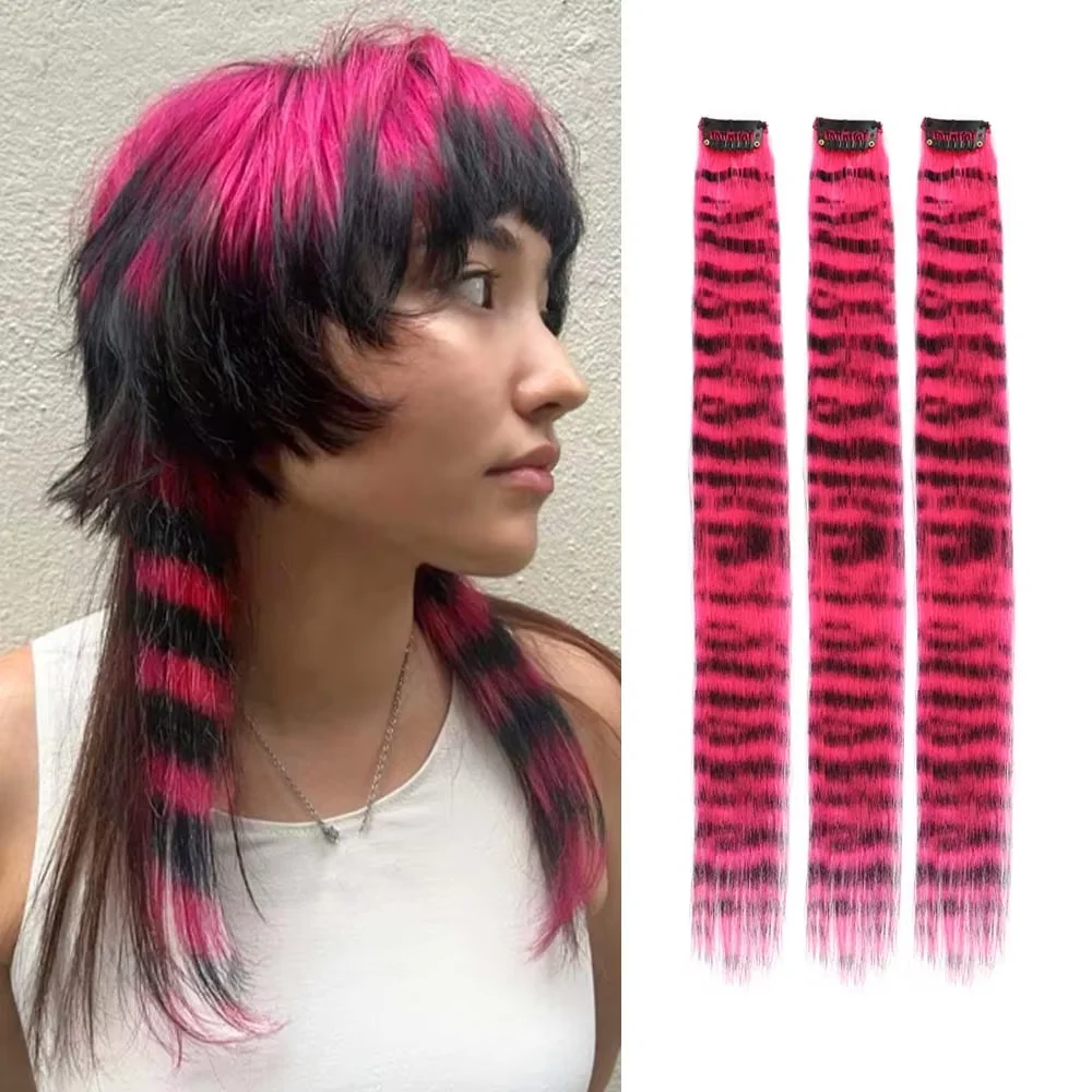 Extensiones de cabello sintético con Clip para uso diario, piezas de cabello largo y liso con estampado de rayas, para fiesta de Halloween