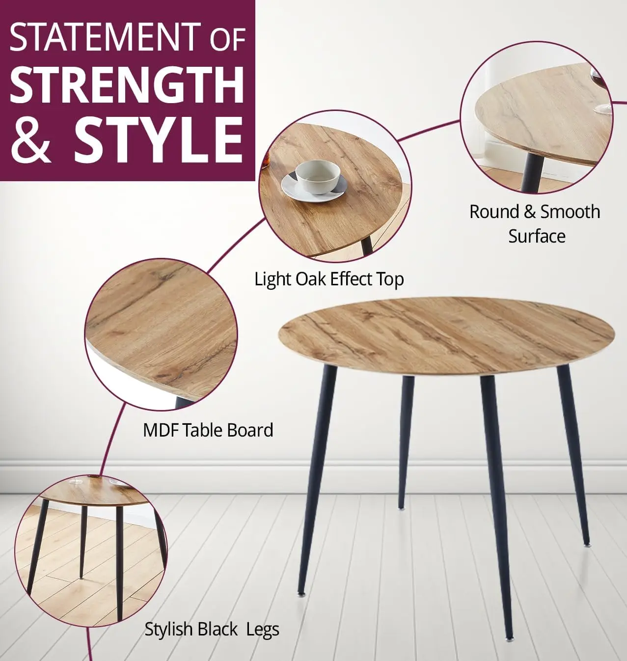 Furniture Cullompton Small Round Dining Table and Chairs Set 2, Wooden Dining Table with Oak Effect Top and Grey Faux