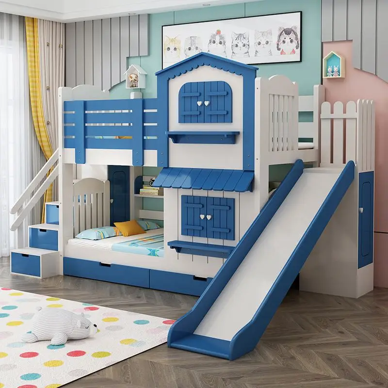 Litera para niños totalmente de madera maciza, cama tobogán multifuncional para castillo para niños
