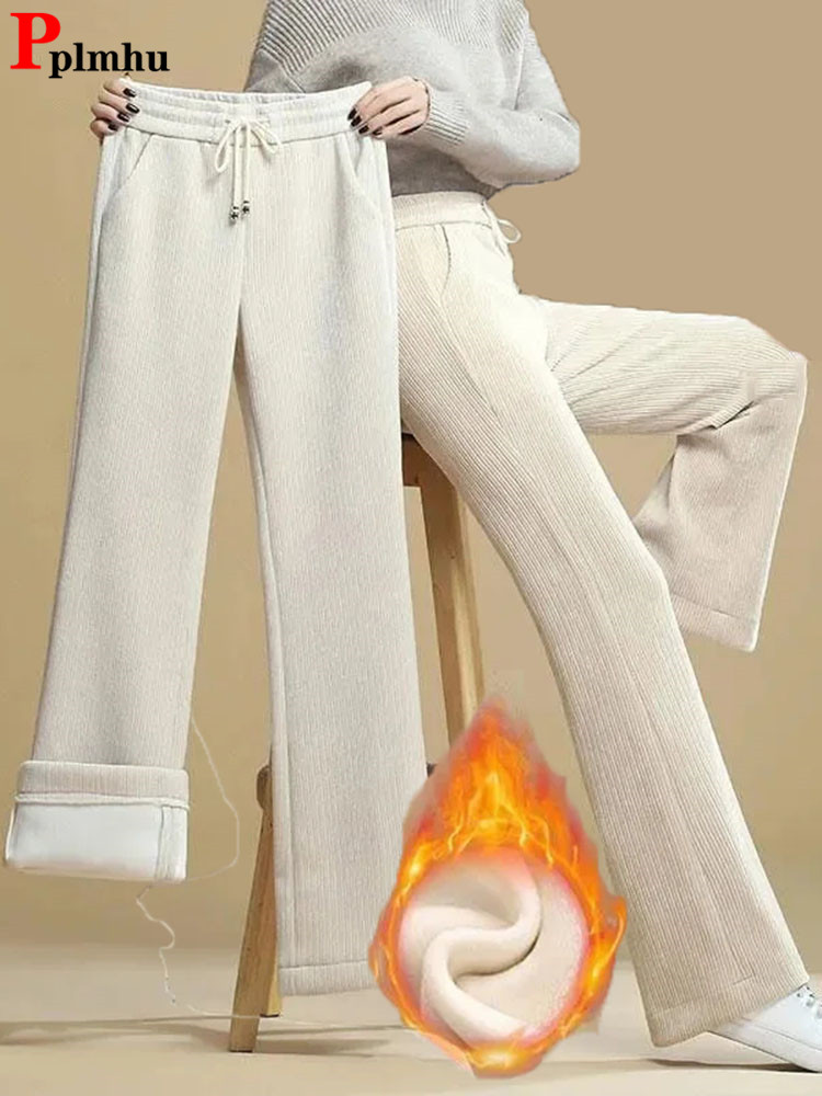 Herbst Winter Breite Bein Hosen Frauen Hohe Taille Plus Samt Baggy Gerade Hosen Casual Koreanische Mode Verdicken Warme Pantalones