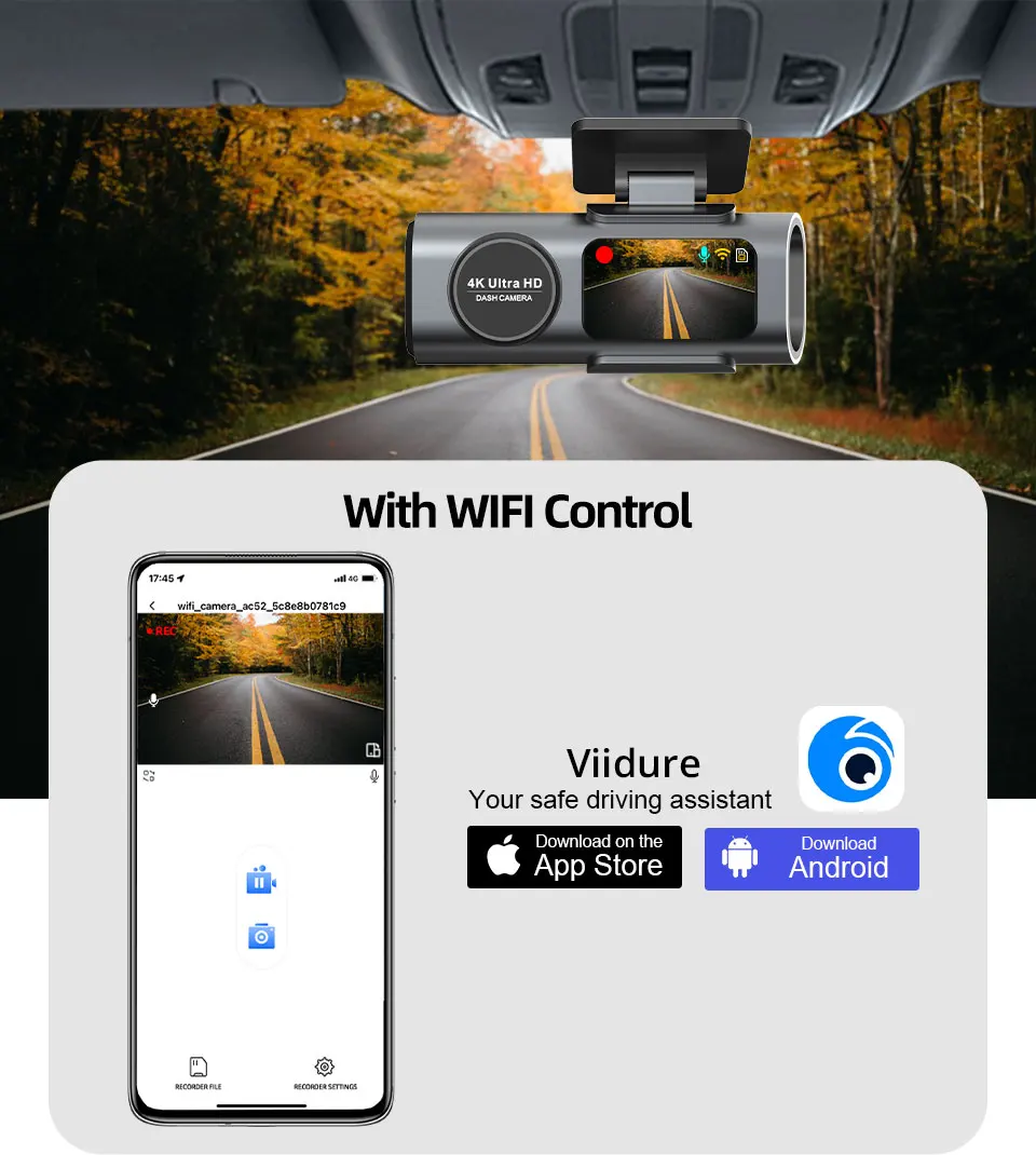 Cámara de salpicadero de doble lente, grabación 4K UHD, cámara de coche DVR, grabadora de vídeo de visión nocturna, Wi-Fi incorporado, compatible con GPS, estacionamiento 24H