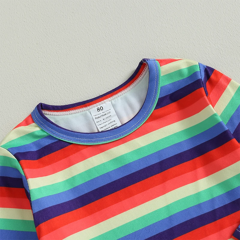2023-06-18 Lioraitiin 0-5Years Toddler Girl 3Pcs Halloween Set Rainbow Stripe Print Tops Letter Pattern Romper Long Socks