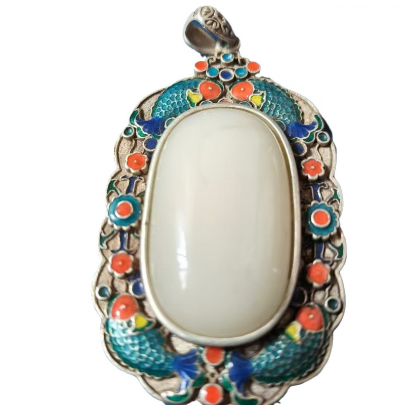 Antique Miscellaneous Vintage Retro Tibetan Silver Inlaid Cloisonné White Jade Square Pendant Hanging Ornament Craft