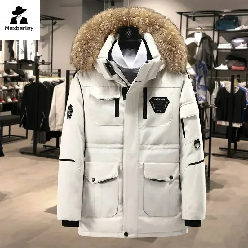 90% Biała kurtka puchowa męska zimowa 2024 Luksusowa niezwykle zimna kurtka puchowa z dużym futrzanym kołnierzem Ciepła parka Casual Outdoor Ski Długa kurtka puchowa