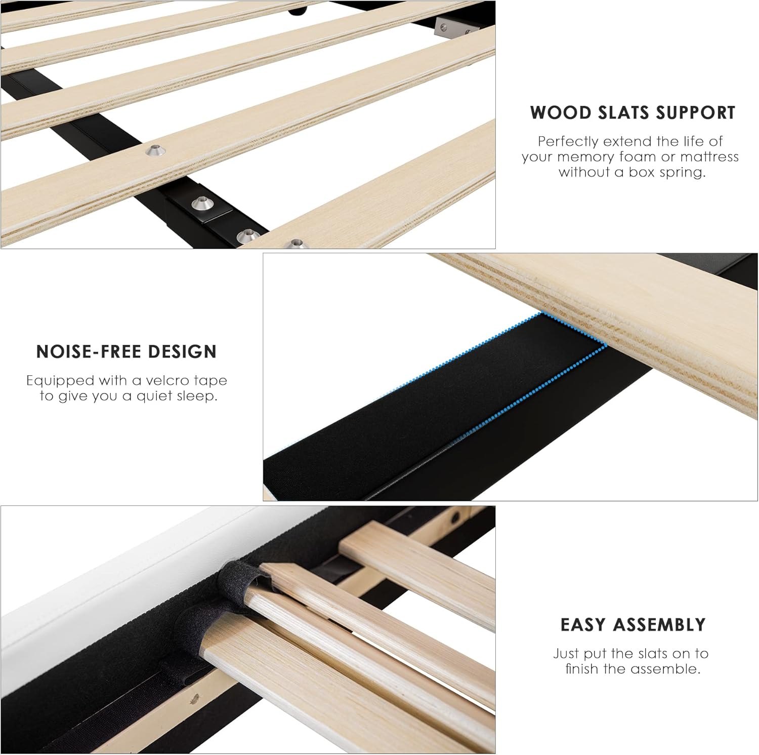 Modern Faux Leather Upholstered Platform Bed Frame with Iron Metal Decor, Adjustable Curved Headboard, Wooden Slats