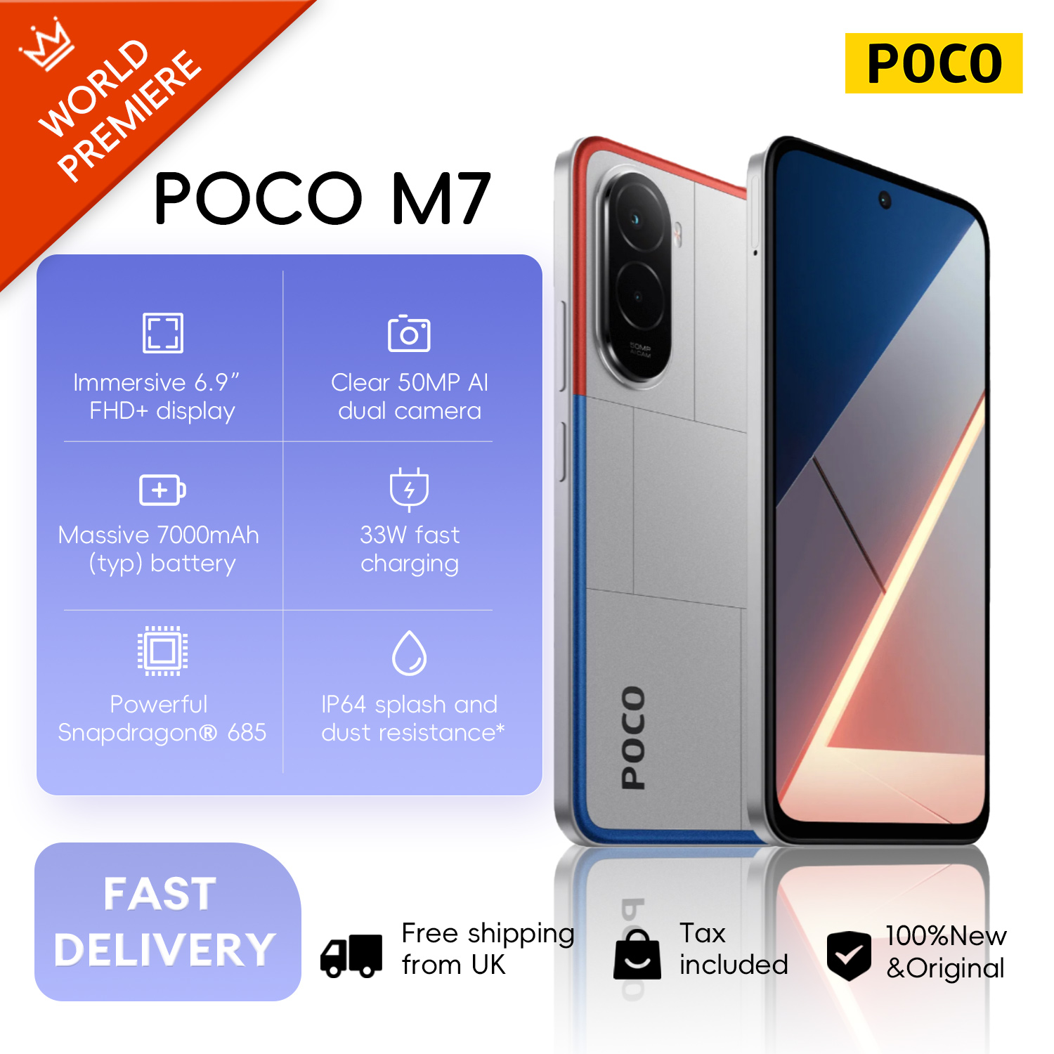 POCO M7 Global Version Mobile Phone 6.9'' 144Hz FHD+ DotDisplay 7000mAh Battery 50MP Camera 33W Charging NFC Snapdragon 685