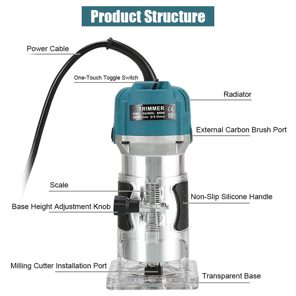 800W 30000 Vòng/phút Gỗ Router Máy Bào Gỗ Tông Đơ Điện Cắt 1/4 Inch Khắc Gỗ Xay Dụng Cụ Cắt Thợ Mộc Dụng Cụ Điện