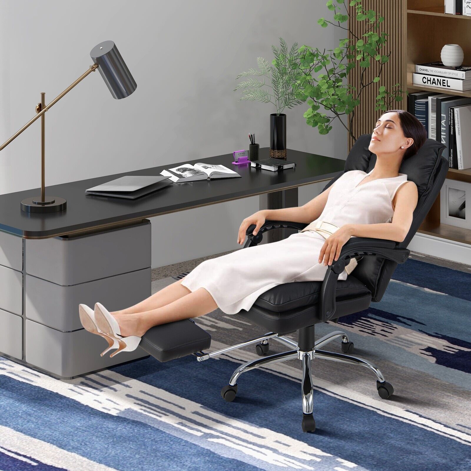 GOFLAME Office Desk Chair Ergonomic Padded Reclining Chair With Retractable Footrest