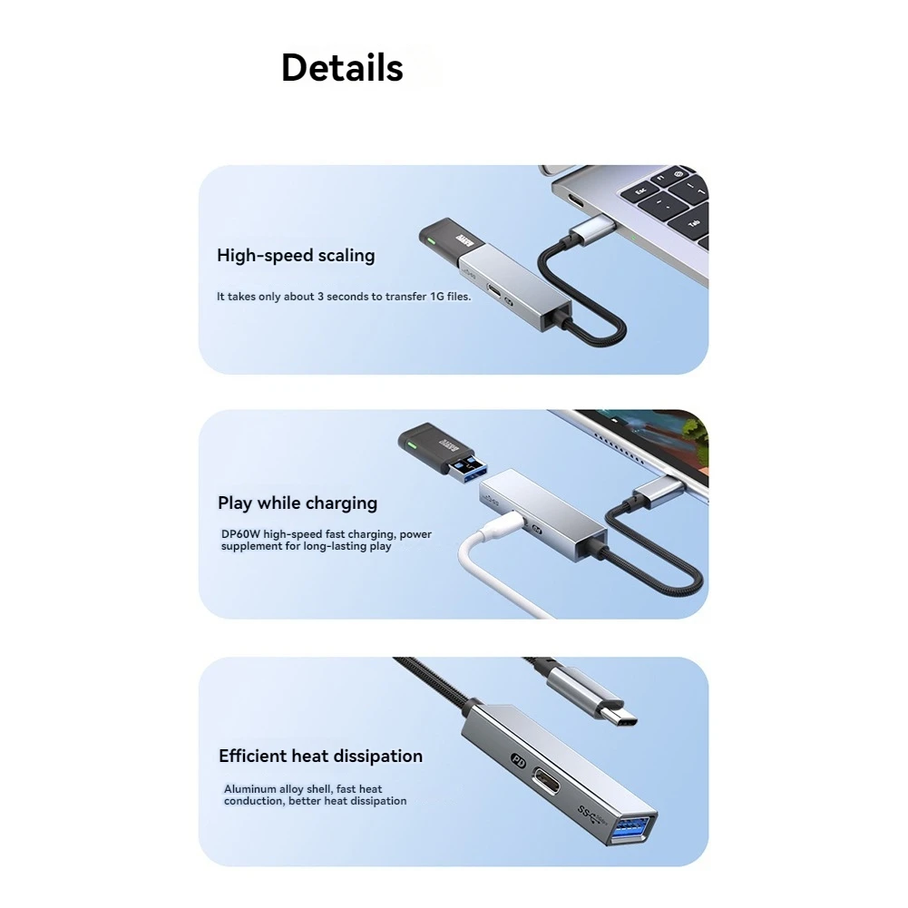 USB 3.2 Type-C HUB 5Gbps 60W PD Charging, OTG Adapter, - High-Speed USB to Type-C Converter Black