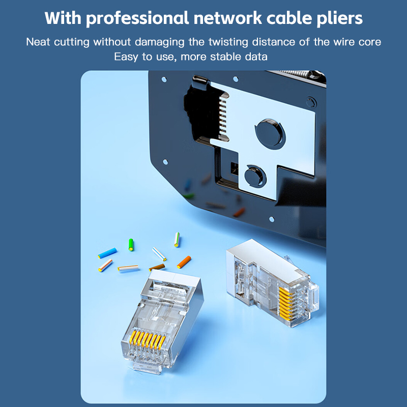 Pasar Cat6 a través de conectores blindados RJ45 Enchufe modular Ethernet UTP de engarzado 8P8C chapado en oro con extremo de cristal